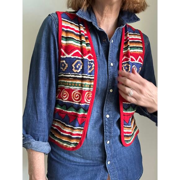 Vintage 80s Linen Graphic Print Vest Size Small Red Blue Green Artsy India Vibe - Picture 6 of 7